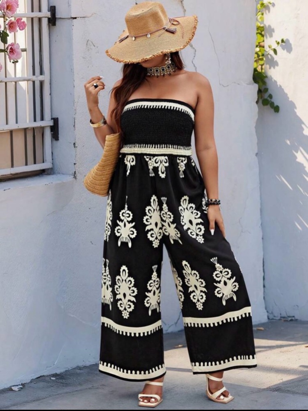 SHEIN Clasi Plus Size Women's Random Printed Strapless Summer Boho Jumpsuit 2XL